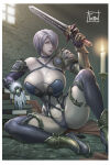 1girl absurd_res alluring big_breasts book cleavage high_res isabella_valentine lingerie project_soul purple_eyes short_hair silver_hair soul_calibur soul_calibur_ii soul_calibur_iii soul_calibur_v soul_calibur_vi sword tomo_eokaiteru weapon