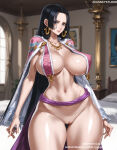  1girl 1girl 1girl ai_generated areola bangs bed bedroom big_breasts black_hair blue_eyes blush boa_hancock bottomless breasts cape cleavage closed_mouth clothing curvaceous earrings female_only huge_breasts indoors jewelry jousneystudio light-skinned_female lips long_hair looking_at_viewer mole navel necklace nipples nude one_piece parted_lips pussy revealing_clothes shiny_skin smile standing stomach sweat thick_thighs thighs very_long_hair voluptuous wide_hips 