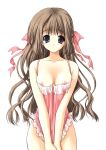 1girl blue_eyes blush breasts clothes_pull copyright_request dress dress_pull dress_tug hair_ribbon highres long_hair medium_breasts nipple_slip nipples no_panties pajamas pink_dress pink_ribbon ribbon solo suzuhira_hiro tears