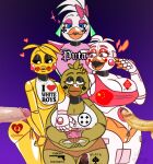 1girl 4girls animatronic arm_around_shoulders big_breasts breast_press breasts chica_(fnaf) clothes_writing female_only five_nights_at_freddy&#039;s five_nights_at_freddy&#039;s:_security_breach five_nights_at_freddy&#039;s_2 funtime_chica_(fnaf) glamrock_chica_(fnaf) graciouslycurvaceous gradient_background huge_breasts multiple_girls queen_of_clubs queen_of_diamonds queen_of_hearts queen_of_spades robot sharp_teeth signature simple_background toy_chica_(fnaf)