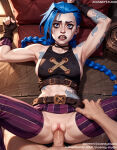  1boy 1girl 1girl abs ai_generated arcane arcane:_league_of_legends arcane_jinx arm_tattoo armpits arms_up bangs bare_shoulders belt black_gloves blue_eyes blue_hair blush braid breasts choker clenched_teeth clothing crop_top english_text erection fingerless_gloves gloves hetero indoors jewelry jinx jinx_(league_of_legends) jousneystudio league_of_legends legwear lips long_hair looking_at_viewer lying makeup male male_pov navel nipples nude on_back open_mouth parted_lips penis pillow ponytail pussy sex shirt shoulder_tattoo skirt sleeveless solo_focus spread_legs stockings striped striped_pants sweat tattoo teeth thighs tied_hair twin_braids vaginal veins veiny_penis very_long_hair 