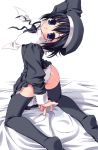  1girl artist_request ass beret black_hair black_legwear black_thighhighs blue_eyes character_request copyright_request dress dress_lift feet hat hentai lingerie nun panties petticoat solo stare staring thighhighs underwear white_panties 