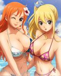 2_girls alluring bare_legs big_breasts bikini blonde_hair cleavage crossover curvy fairy_tail female_only long_hair lucy_heartfilia nami one_piece orange_hair outside ponytail rakara11