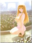 anime blonde_hair breasts brown_eyes female flowers hair_over_breasts long_hair nude outdoor sandals squat sunshine