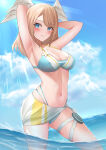 1girl absurd_res alluring arms_behind_head asymmetrical_bangs big_breasts bikini blue_bikini blue_eyes brown_hair cleavage closed_mouth cloud eunie_(xenoblade) feathered_wings head_wings high_res latte_(shizuku03) long_hair looking_at_viewer navel nintendo ocean official_alternate_costume partially_submerged partially_underwater_shot smile sunlight swimsuit thigh_strap two-tone_bikini white_bikini white_wings wings xenoblade_(series) xenoblade_chronicles_3