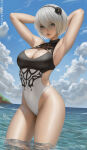 1girl alluring bare_legs beach big_breasts blue_eyes blue_sky cleavage highleg_bikini ocean one-piece_bikini pin_up posing sciamano240 short_hair square_enix white_hair yorha_no._2_type_b