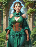 1girl 1girl 1girl ai_generated arms_at_sides bangs bare_shoulders big_breasts braid braided_ponytail breasts brown_gloves brown_hair cape cleavage closed_mouth clothing crown_braid day detached_sleeves dress earrings elf facial_mark facial_tattoo female_only flower forest gloves green_cape green_dress green_eyes green_gloves green_hair jewelry jousneystudio leaf lips long_hair looking_at_viewer magic:_the_gathering magic_the_gathering medium_breasts nature nissa_revane nose outside pillar plant pointed_ears sky standing thick_eyebrows tied_hair tree