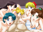 1girl 5girls ami_mizuno apple_pie_(artist) bishoujo_senshi_sailor_moon blonde_hair blue_eyes blue_hair bow breasts brown_hair censored erection female_focus green_eyes handjob harem human makoto_kino male minako_aino multiple_girls nipples nude penis pov purple_eyes purple_hair rei_hino small_breasts straight tongue usagi_tsukino