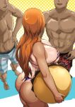  1girl 1girl 1girls 2boys american_flag_bikini ass big_breasts bikini bleach breasts cleavage dark-skinned_male dark_skin dat_ass huge_ass huge_breasts inoue_orihime iwao178 kon kon_(bleach) long_hair male orange_hair tan tan-skinned_female tan_line tan_line tanned_skin thick_thighs 