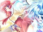  1boy 2girls ailf angel arisue_tsukasa big_breasts electricity magic multiple_girls purple_eyes red_hair saga_planets usotsuki_wa_tenshi_no_hajimari 