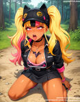 1girl 1girl 1girl ai_generated bangs belt big_breasts black_clothes black_jacket blonde_hair blush bracelet breasts choker cleavage clothing dark-skinned_female dark_skin day earrings english_text female_only footwear gyaru hat headwear jacket jewelry jousneystudio kneel long_hair looking_at_viewer miniskirt multicolored_hair nail_polish necklace open_clothes open_mouth original outside palworld piercing pink_eyes pink_hair pink_nails rock shirt shoes sitting skirt smile socks squatting sweatdrop tattoo teeth thighs tied_hair tongue tongue_out tree twin_tails two-tone_hair zoe_(palworld) zoe_rayne