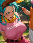 1boy 1girl 1girl ai-created ai_generated bangs belt big_breasts blue_eyes blue_hair blush braid breasts brown_gloves bulma_brief clothing dragon_ball dragon_ball_super dragon_ball_z ejaculation english_language english_text erection gloves grass hetero jousneystudio large_penis long_hair looking_at_penis male open_mouth outside penis pink_dress pink_shirt scarf semen shirt short_sleeves solo_focus sweat text tied_hair tree uncensored veins veiny_penis