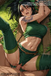  1boy 1girl 1girl abs ai_generated akali akali_(league_of_legends) arm_tattoo armpits arms_up bare_shoulders bdsm big_breasts black_hair blush bondage bound_wrists breasts brown_eyes clothed_female_nude_male clothed_sex clothing crop_top english_text grass hetero jousneystudio league_of_legends legwear long_hair looking_at_viewer lying male midriff muscle navel nipples nude open_mouth outside penis ponytail pussy sex shoulder_tattoo solo_focus spread_legs stockings stomach sweat tattoo teeth thighs tied_hair vaginal 