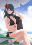 1girl absurd_res alluring bare_legs beach beach_umbrella big_breasts bikini black_bikini blue_eyes blue_sky byleth_(fire_emblem) byleth_(fire_emblem)_(female) byleth_(summer)_(fire_emblem)_(female) cleavage closed_mouth cloud crossed_legs day fire_emblem fire_emblem:_three_houses fire_emblem_heroes flower hair_flower hair_ornament high_res looking_at_viewer navel nintendo nottme official_alternate_costume outside sitting sky smile swimsuit teal_hair umbrella