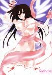  1girl arms_up black_hair breasts fingerless_gloves gloves gokurakuin_sakurako hentai highres large_breasts long_hair midriff musubi naked_ribbon open_mouth red_eyes ribbon ribbons sekirei solo tattoo thigh_gap thighhighs thighs underboob white_legwear white_thighhighs wings 