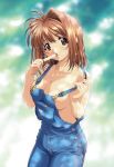  1girl band-aid bandaid bandaids_on_nipples breasts brown_eyes brown_hair cleavage denim food hentai kawai_rie large_breasts lovers_(game) messy naked_overalls open_mouth overalls pasties popsicle red_eyes sexually_suggestive short_hair solo strap_slip sweat taki_minashika 