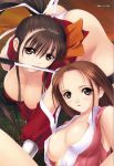 2girls all_fours ass black_eyes black_hair breasts brown_eyes brown_hair cleavage downblouse hair_ribbon highres knife large_breasts long_hair mitama_~shinobi~ mouth_hold multiple_girls ninja no_bra open_clothes open_shirt panties ponytail ran_(mitama_~shinobi~) ribbon sarasa_(mitama_~shinobi~) shirt thong tony_taka underwear white_panties