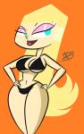 1girl 1girl 2016 agent_kalaschnikov atomickingboo bikini black_bikini black_bra black_panties blonde_hair blue_eyes bra cartoon_network eyebrows eyelashes female_only hips lipstick looking_at_viewer navel orange_background panties robotboy