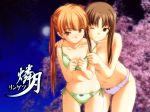  2girls anime bow bow_panties bra brown_eyes brown_hair collarbone eyebrows eyebrows_visible_through_hair hair hizuki_ayumi hizuki_mitsuna moon multiple_girls night no_bra one_eye_closed orange_eyes orange_hair panties purple_bow red_bow ringetsu topless underwear 