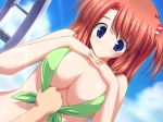 1girl akimoto_nanami bikini bikini_pull blue_eyes blush breasts clothes_grab cloud clouds game_cg hentai pastel_kitchen red_hair side_ponytail solo swimsuit