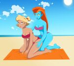 1girl 2_girls alien_girl anoneysnufftan applying_sunscreen beach beach_towel bikini blonde_hair blue_eyes blue_skin buzz_lightyear_of_star_command cartoon_network crossover disney edasbild elodie embarrassed female_only humiliation imminent_death killer_lotion long_hair massage mira_nova murder ocean ok_k.o.!_let&#039;s_be_heroes orange_hair peril punishment rubbing sand seaside sky snuff summer sunbathing swimsuit towel