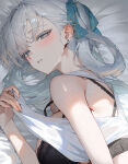 1girl 1girl alternate_costume bellmod3 hair_rings high_res jinhsi_(wuthering_waves) lingerie looking_at_viewer on_bed sleepy solo_focus twitter underwear wuthering_waves