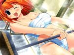  1girl amamiya_hiyoko blue_eyes blush breasts broom fundoshi game_cg hentai large_breasts mahou_wa_ameiro? miyasu_risa one_eye_closed orange_hair sarashi short_hair solo wink 