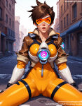 1girl ai_generated bangs big_breasts blue_sky blush bodysuit breasts brown_eyes brown_hair building cameltoe city cityscape clothing cloud day english_text eyewear female_only gloves goggles jacket jousneystudio lips looking_at_viewer medium_breasts open_mouth orange_bodysuit outside overwatch overwatch_2 parted_lips pilot_suit science_fiction short_hair sitting skin_tight sky spread_legs thighs tracer_(overwatch)