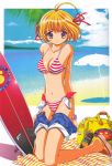 1girl beach bikini day denim denim_shorts kneeling md5_mismatch orange_hair original original_character outdoors purple_eyes resized short_hair shorts solo striped sugiyama_genshou surfboard swimsuit