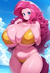 1girl ai_generated anthro big_breasts blue_eyes blue_sky cleavage dan16369336 my_little_pony my_little_pony:_friendship_is_magic ocean pinkie_pie pinkie_pie_(mlp) purple_hair solo tagme twitter_link