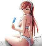 1girl absurd_res alluring cherche_(fire_emblem) closed_mouth fire_emblem fire_emblem_awakening food from_behind hairband high_res holding long_hair looking_back medium_breasts nintendo popsicle red_eyes red_hair sideboob simple_background sitting smile steeb swimming_pool swimsuit twitter_username white_background