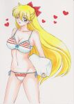 1girl 1girl alluring big_breasts bikini bishoujo_senshi_sailor_moon blonde_hair blue_eyes earrings female_focus hair_ribbon heart jewelry long_hair marker_(medium) minako_aino one_eye_closed panties pillow rascal_(n119) ribbon side-tie_panties simple_background swimsuit traditional_media underwear very_long_hair