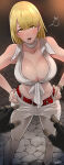 1boy 1girl 1girl 1girls ashley_graham ashley_graham_(brooke_elizabeth_mathieson) beauty_mark big_breasts blonde_hair blouse breasts butcha-u capcom cleavage disembodied_hand female_focus gloves grin hand_on_own_hip high_res human leon_scott_kennedy looking_at_viewer midriff mole_on_breast pov red_belt resident_evil resident_evil_4 resident_evil_4_(remake) resident_evil_4_remake shiny_skin shirt smile solo_focus white_pants white_shirt