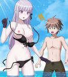  1boy 1girl breasts danganronpa kirigiri_kyouko nanika_iru nipples pasya-pasya swimsuit wardrobe_malfunction 