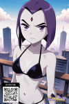 1girl 1girl 1girl ai_generated beach bikini black_bikini black_swimsuit blue_sky breasts building city cityscape closed_mouth clothing cloud colored_skin day female_only forehead_jewel frown grey_skin littlehentai looking_at_viewer medium_breasts navel outside purple_eyes purple_hair rachel_roth raven_(dc) savitar savitar_(artist) short_hair sky small_breasts swimsuit teen_titans