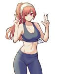  1girl 1girl ;) alluring alternate_costume alternate_hairstyle big_breasts cherche_(fire_emblem) closed_mouth commission double_w fire_emblem fire_emblem_awakening gluteal_fold high_ponytail ko-fi_commission long_hair looking_at_viewer midriff milf navel nintendo one_eye_closed pink_hair red_eyes rotomdocs smile sportswear 