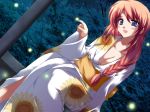  1girl ariko_youichi blue_eyes breasts bug cleavage fireflies firefly floral_print fortune_cookie game_cg highres japanese_clothes kimono long_sleeves medium_breasts night open_mouth red_hair solo sunflower_print takaya_kae 