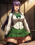 1boy 1girl 1girl ai_generated bangs big_breasts black_legwear blush breasts busujima_saeko clothed_female_nude_male clothed_sex clothing english_text girl_on_top green_skirt hair_between_eyes hair_ornament hetero high_school_of_the_dead indoors jousneystudio legwear long_hair long_sleeves looking_at_viewer male miniskirt nipples nude open_mouth penis pleated_skirt purple_eyes purple_hair pussy saeko_busujima school_uniform serafuku sex shirt skirt solo_focus spread_legs standing stockings sweat thighs uniform vaginal white_shirt