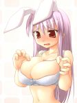  1girl animal_ears bangs big_breasts blush bra breast_poke breasts bursting_breasts cleavage collarbone embarrassed kurikara lingerie long_hair looking_down midriff navel nose_blush poking purple_hair rabbit_ears red_eyes reisen_udongein_inaba solo sweatdrop touhou underwear underwear_only upper_body white_background white_bra 