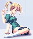  1girl blonde_hair breasts clothes_pull copyright_request eyebrows eyebrows_visible_through_hair hentai light_skin pink_eyes pleated_skirt purple_eyes school_uniform short_hair skirt skirt_pull socks solo tagme tenmaso tied_hair twintails 