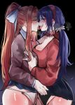 2_girls ass big_ass big_breasts big_thighs black_panties blue_eyes blue_hair blush breasts cleavage clothed clothing doki_doki_literature_club ear female_focus female_only grabbing_breasts green_eyes huge_ass huge_thighs kissing kurenaiz1 lesbian_sex light-skinned_female long_hair looking_at_viewer miside mita_(miside) monika_(doki_doki_literature_club) naughty naughty_face naughty_smile open_mouth panties ponytail pussy school_uniform schoolgirl skirt_lift thick_hips thick_thighs tongue tongue_out white_panties yuri