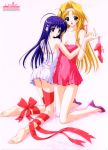  2girls blonde_hair fumitake_moekibara_(artist) high_heels hugging kneeling lingerie original purple_hair red_eyes ribbon 