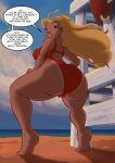 1girl big_ass blonde_hair dark-skinned_female dark_skin english_text human lifeguard_(lilo_and_stitch) lilo_and_stitch planz34 speech_bubble swimwear tan-skinned_female tan_body tan_skin