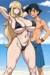 1boy 1girl ash_ketchum beach big_breasts bikini black_hair blonde_hair blue_eyes blue_sky brown_hair cynthia_(pokemon) nintendo ocean pokemon pokemon_(anime) yxyyxy