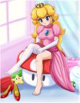 1girl asymmetrical_clothing barefoot blonde_hair blue_eyes blush crown dressing feet female_only high_heels nintendo one_thighhigh panties pantyshot peach princess_peach shoes sigurd_hosenfeld sigurdhosenfeld single_thighhigh sitting star super_mario_bros. toes underwear