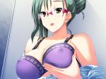 big_breasts bra breasts cleavage erect_nipples frilly_bra glasses green_hair lipstick long_hair purple_bra red_lipstick shirt_down solo yellow_eyes