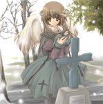  1girl angel angel_wings book brown_eyes brown_hair church cloak cross death demon dress fishnet_pantyhose fishnets gothic grave horns long_hair maki_chitose original pantyhose ribbon solo tombstone tree wings 