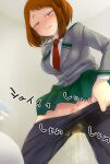  1girl 2020 alternate_version_available brown_hair crying digital_art embarrassed embarrassed_female female_only humiliation japanese_text light-skinned_female light_skin lowres my_hero_academia ochako_uraraka pee peeing peeing_self school school_uniform shounen_jump simple_background tears wakuwakusosaku watersports wetting wetting_self 