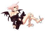  1girl ahoge antenna_hair bare_shoulders barefoot black_dress black_eyes black_wings breasts choker cleavage collar crossed_arms demon demon_girl demon_wings detached_sleeves dress feet female full_body looking_at_viewer number off_shoulder original pink_hair short_hair simple_background smile soles solo sun-3 toes white_background wings 