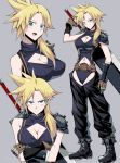  1girl blonde_hair boots breasts cleavage_cutout cloud_strife final_fantasy_vii gender_bender genderswap outfit ponytail serious spiked_hair sword thunder_head video_games 